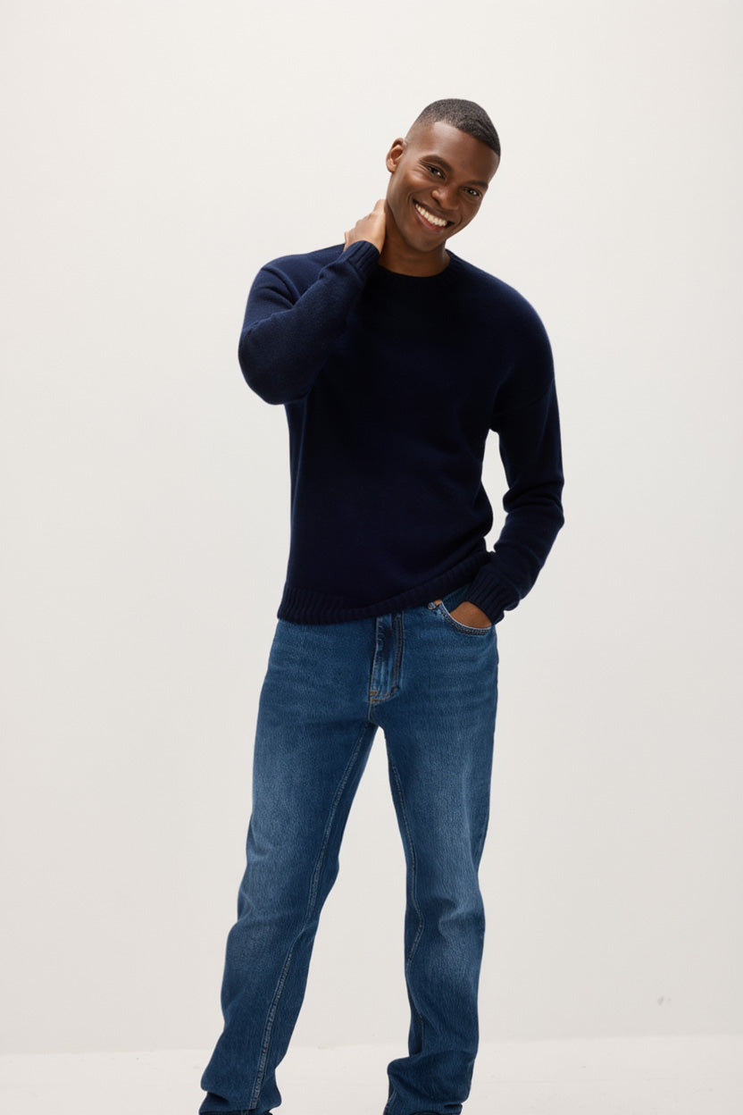 Davida Man Chunky O-neck Sweater Sweaters Navy