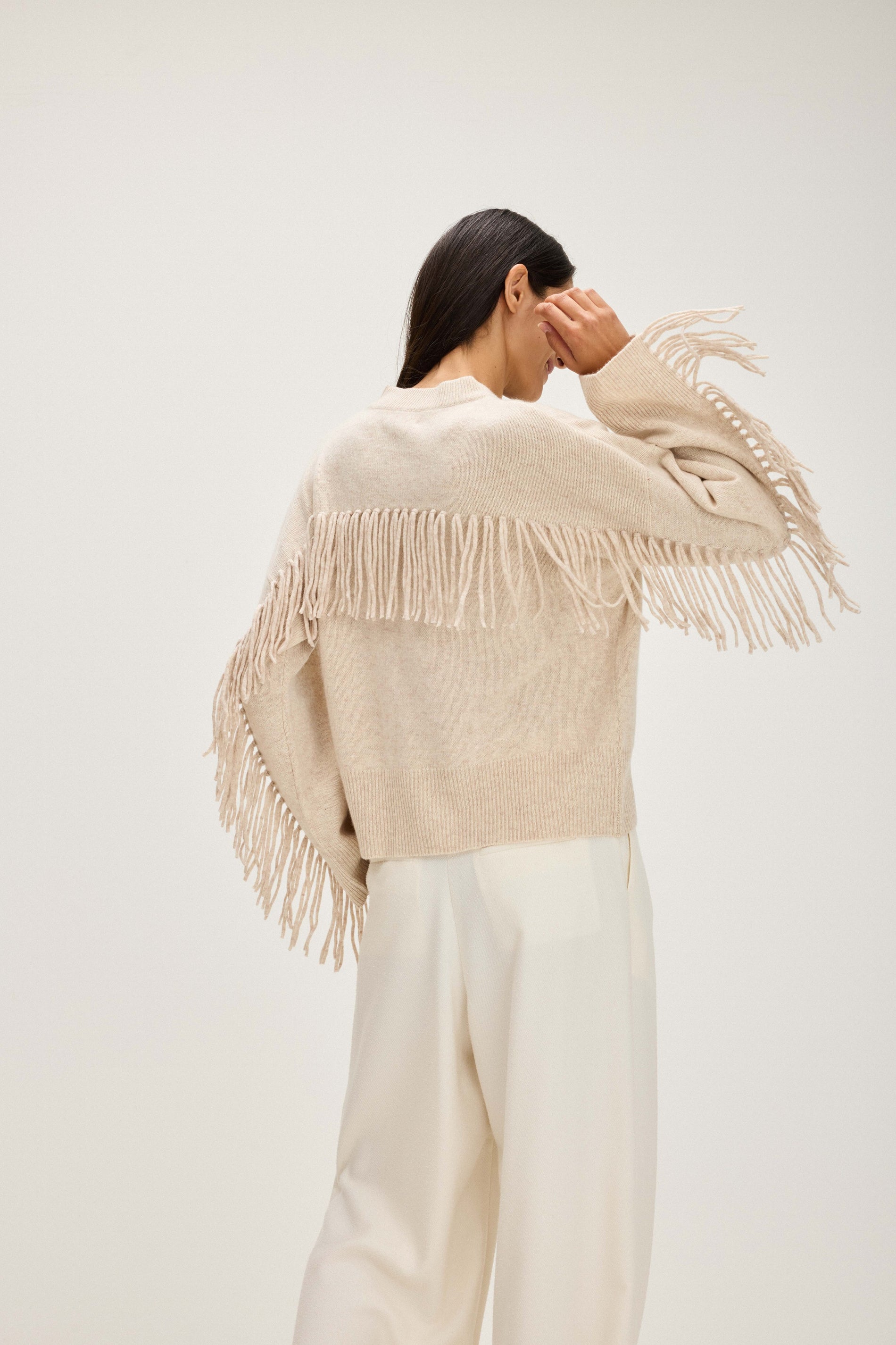 Davida Boxy Fringes Biker Style Sweaters Light Beige