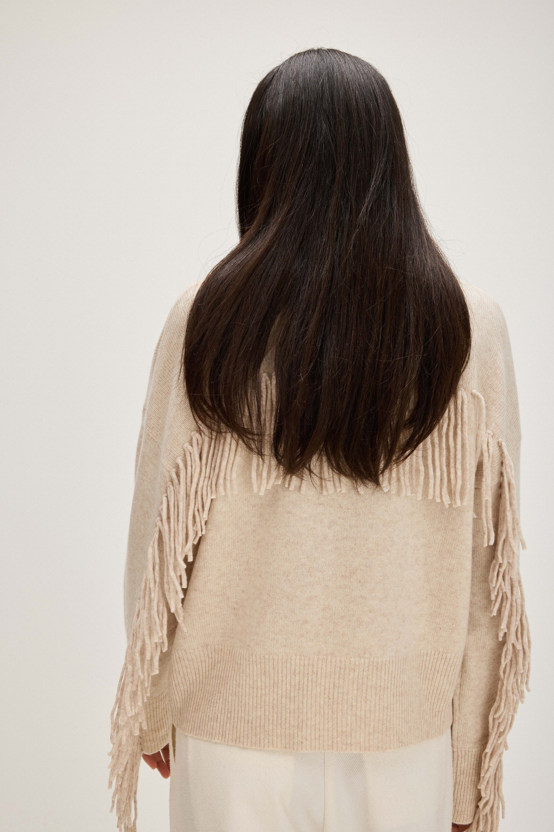 Davida Boxy Fringes Biker Style Sweaters Light Beige