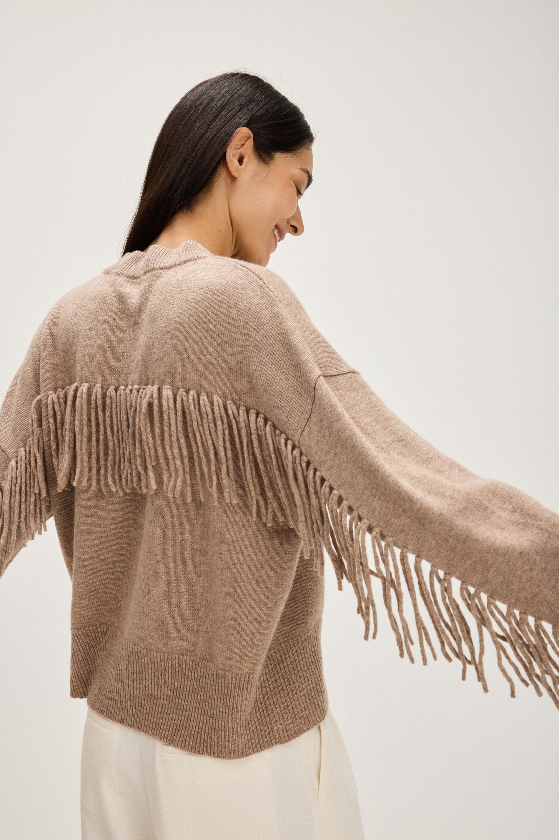 Davida Boxy Fringes Biker Style Sweaters Mink