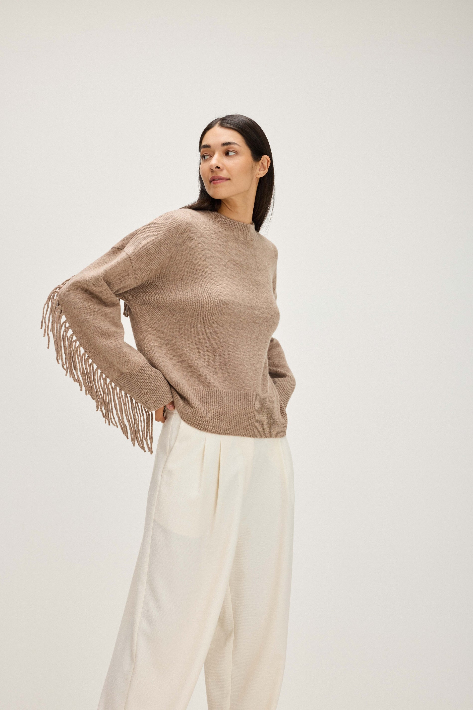 Davida Boxy Fringes Biker Style Sweaters Mink