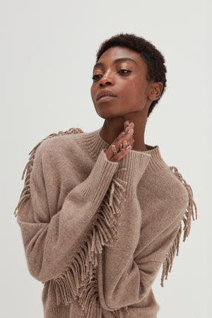 Boxy O-neck Sweater Fringes - Mink