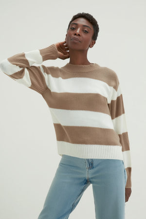 Boxy Raglan Striped Sweater - Mink/White