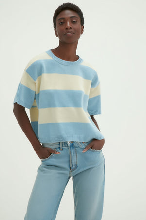 Boxy T-Shirt Striped - White / Blue Fog