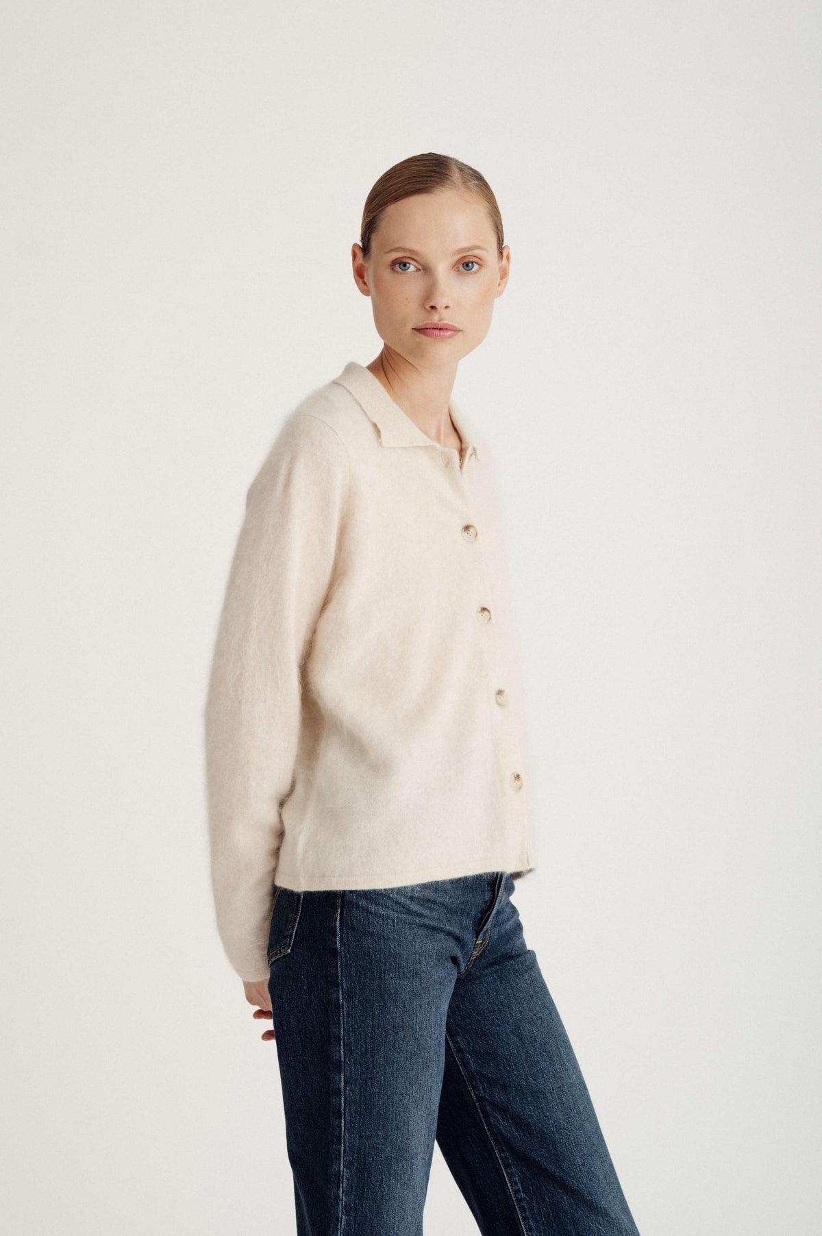 Davida Brushed Buttoned Collar Cardigan Cardigans Light Beige