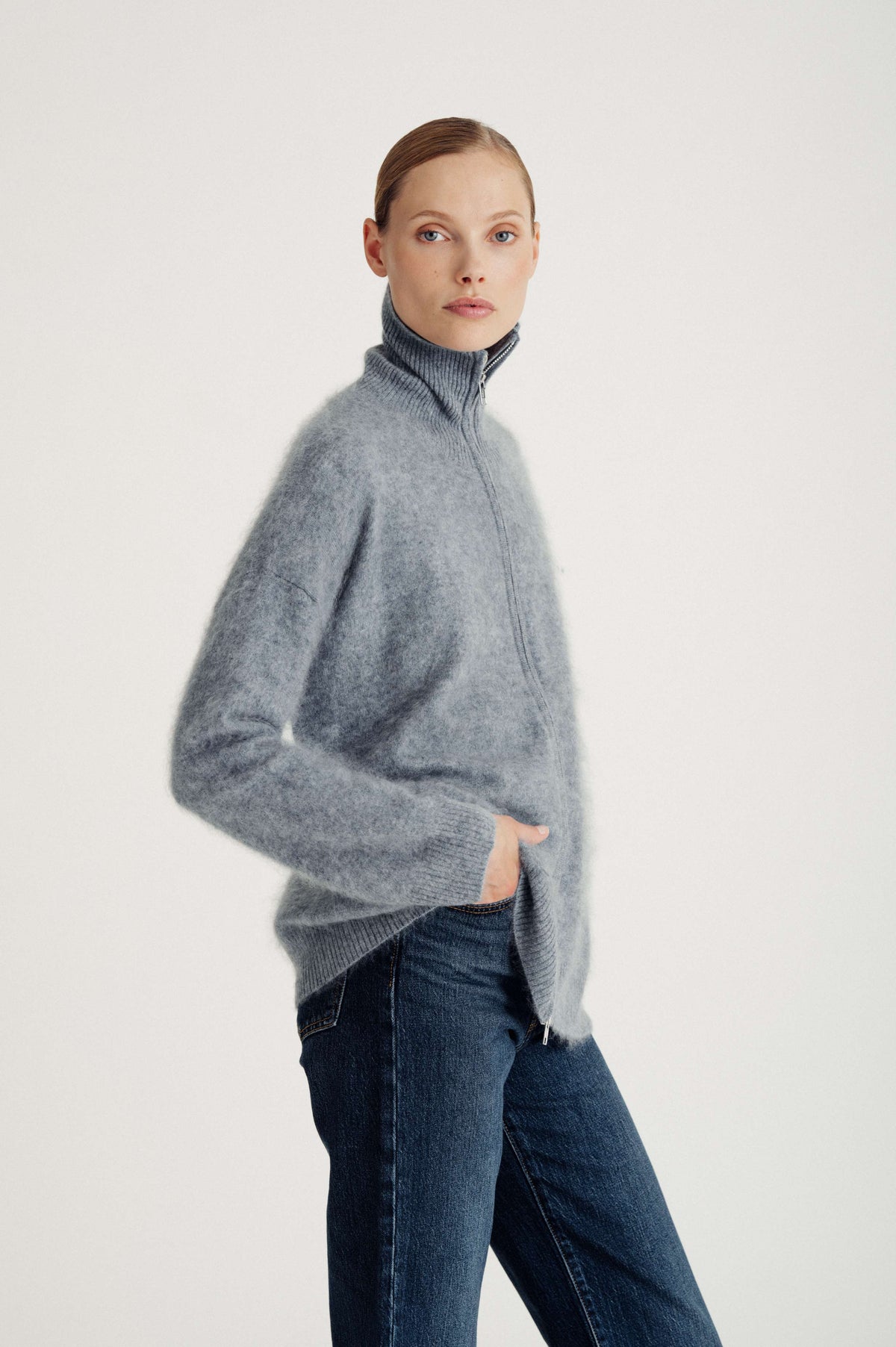 Davida Brushed Full Zip Cardigan Cardigans Light Grey