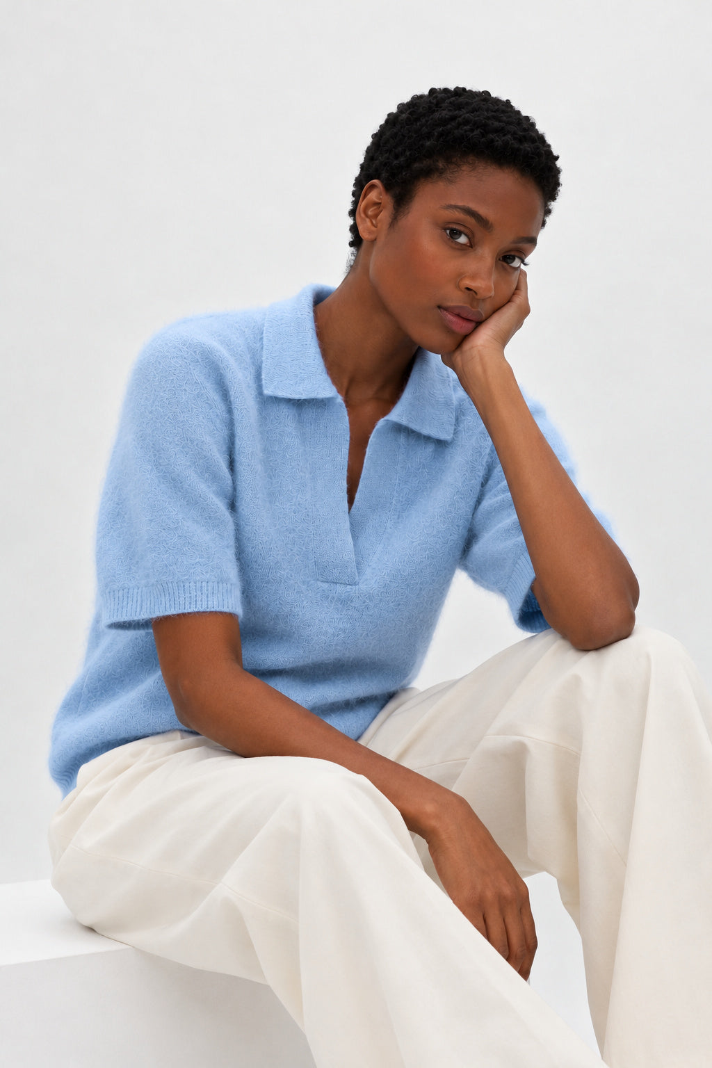 Davida Brushed Open Collar Short Sleeve Sweaters Blue Fog