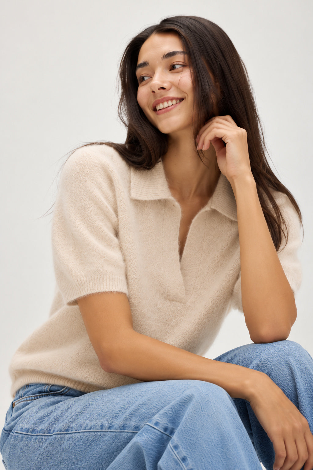 Davida Brushed Open Collar Short Sleeve Sweaters Light Beige