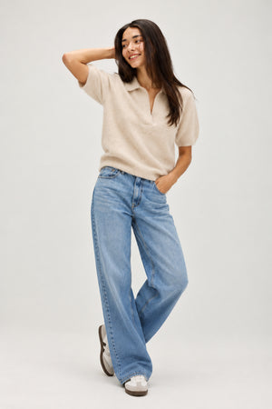 Brushed Open Collar Short Sleeve - Light Beige