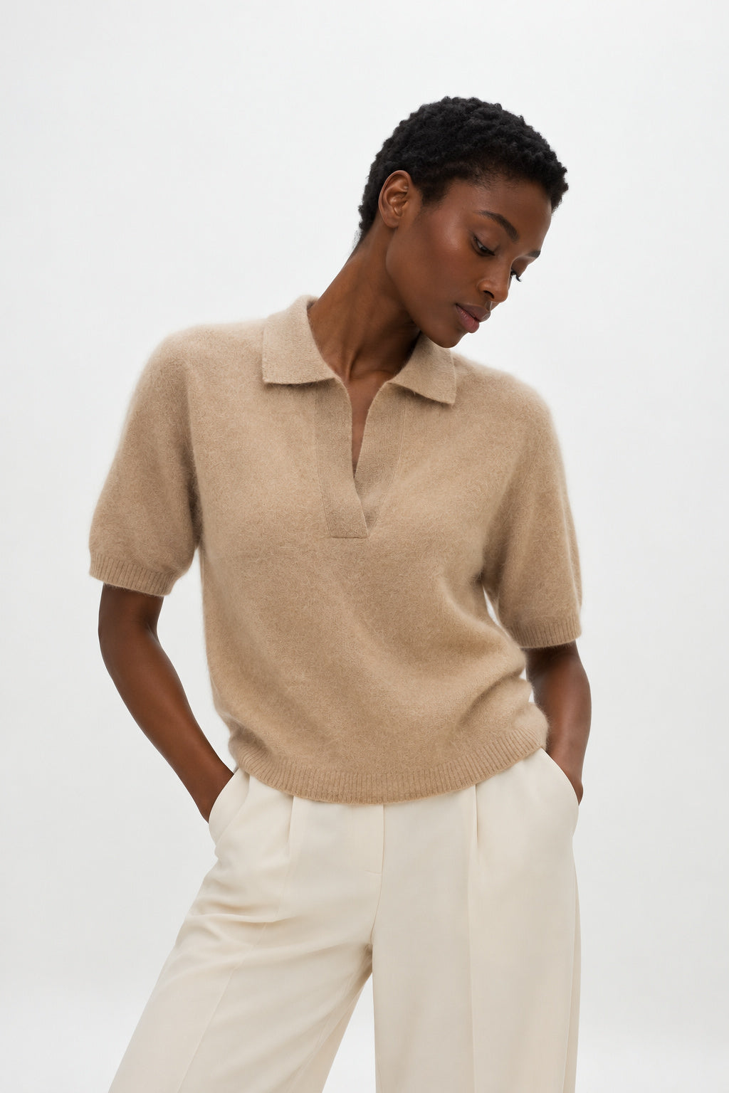 Davida Brushed Open Collar Short Sleeve Sweaters Wheat