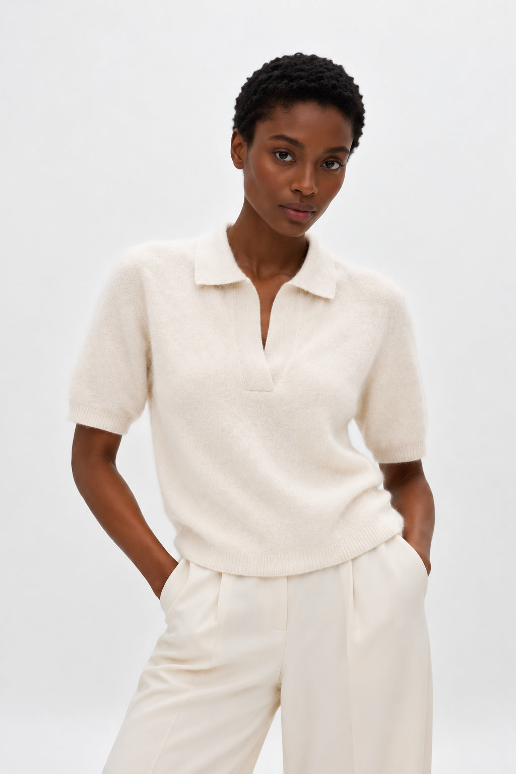 Davida Brushed Open Collar Short Sleeve Sweaters White