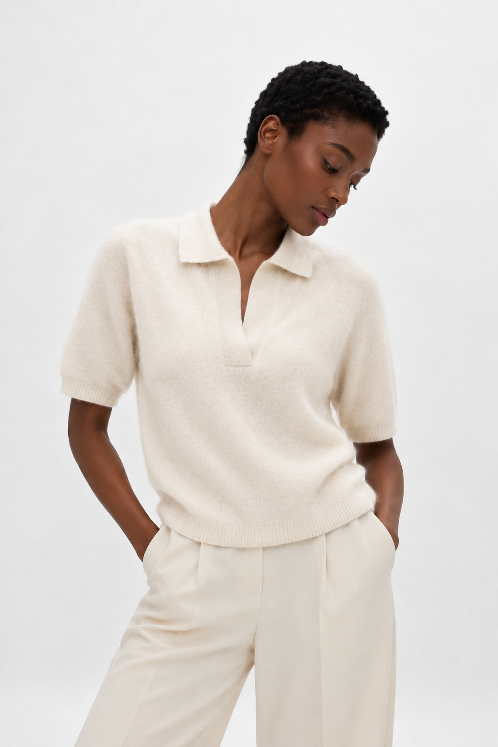 Davida Brushed Open Collar Short Sleeve Sweaters White