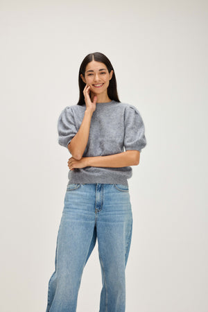 Brushed Puff Sleeve T-shirt - Light Grey