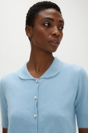 Brushed Short Sleeve Collar Cardigan - Blue Fog
