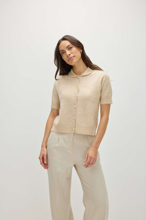 Brushed Short Sleeve Collar Cardigan - Light Beige