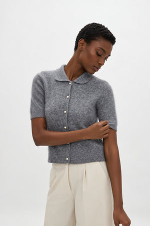 Brushed Short Sleeve Collar Cardigan - Light Grey