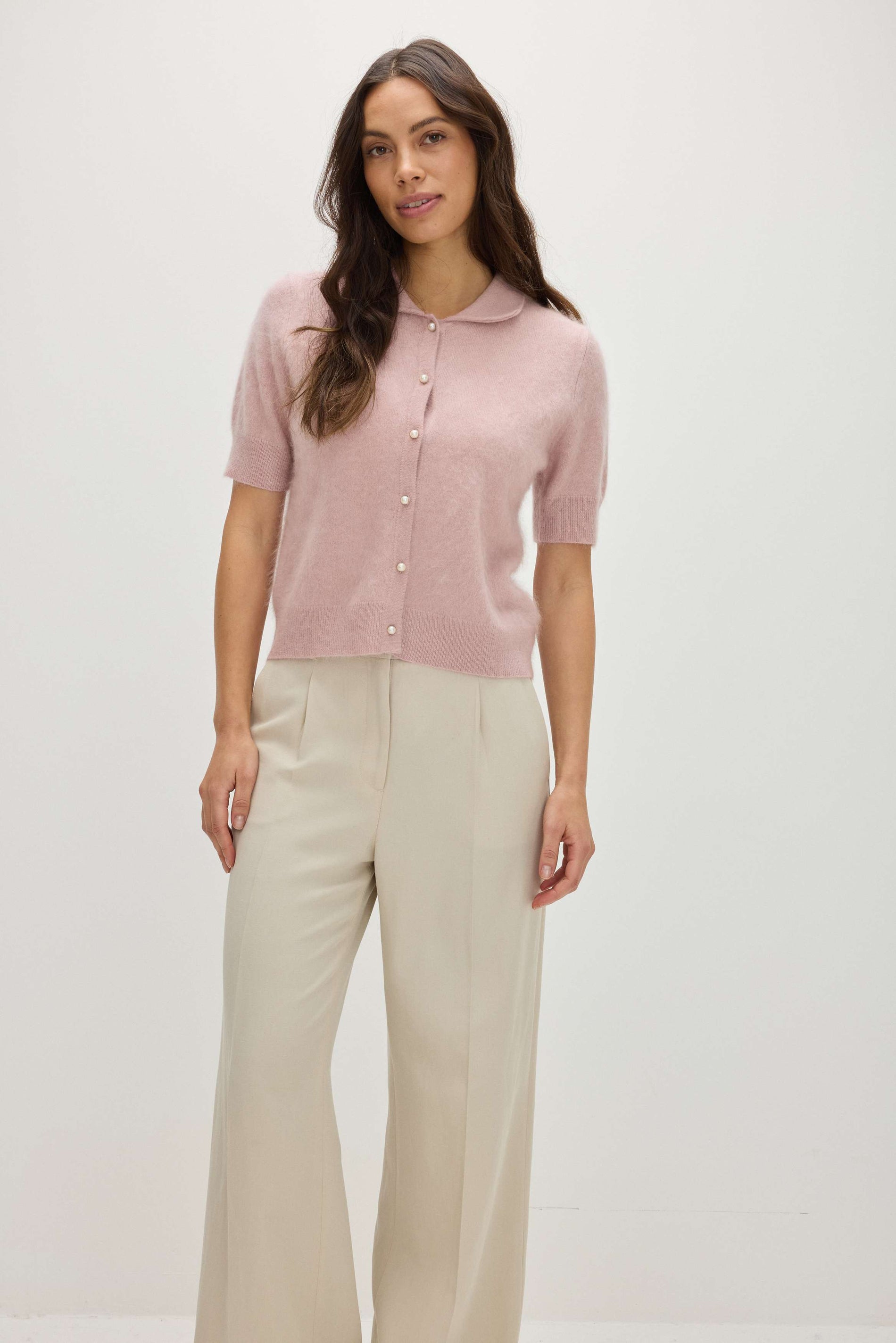 Davida Brushed Short Sleeve Collar Cardigan Sweaters Light Pink