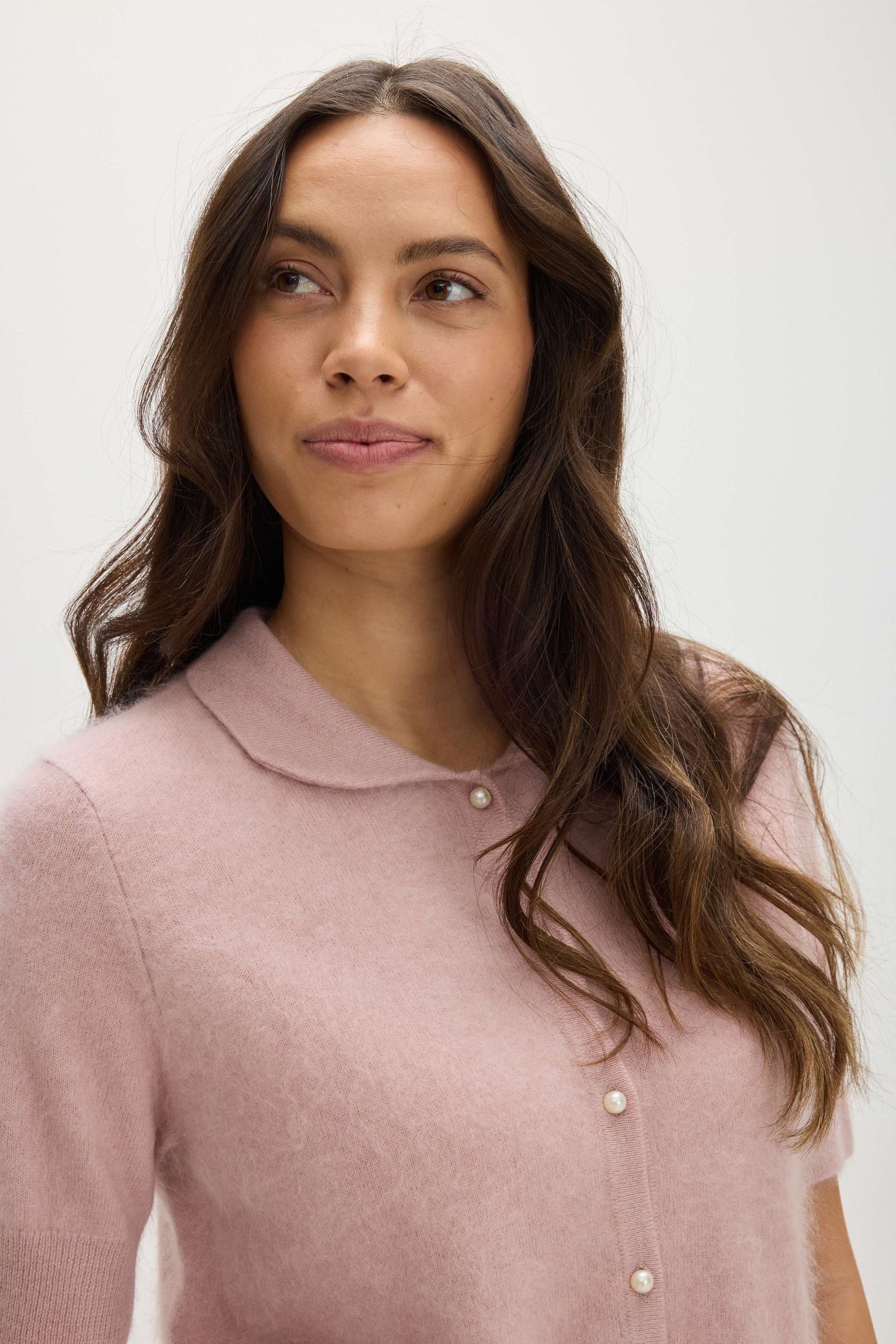 Davida Brushed Short Sleeve Collar Cardigan Sweaters Light Pink