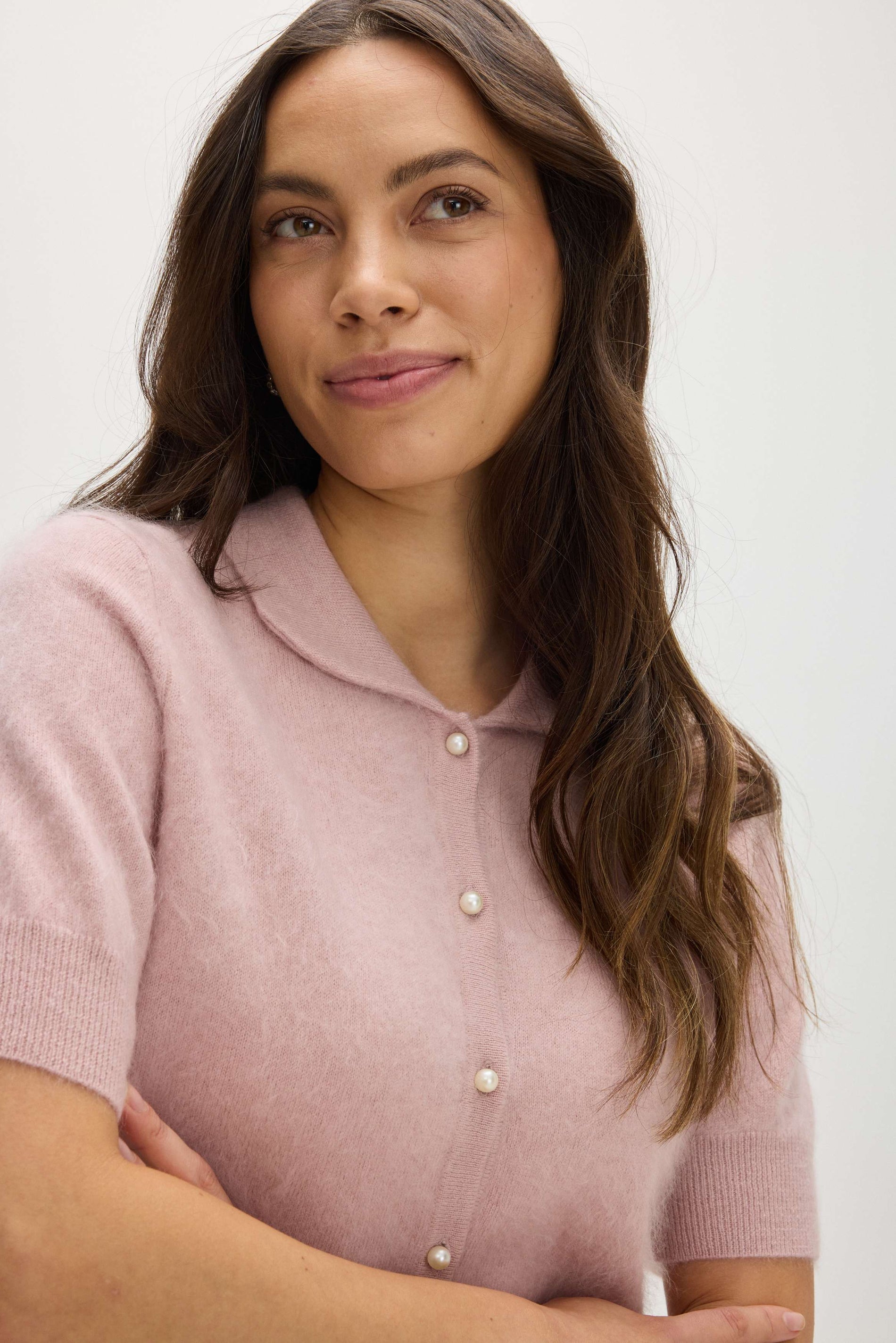 Davida Brushed Short Sleeve Collar Cardigan Sweaters Light Pink