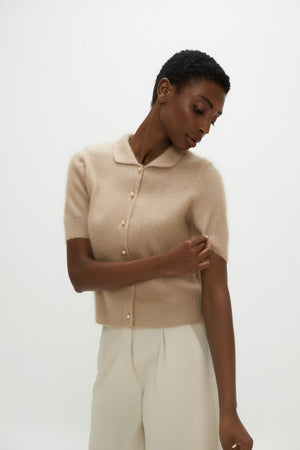 Brushed Short Sleeve Collar Cardigan - Mink