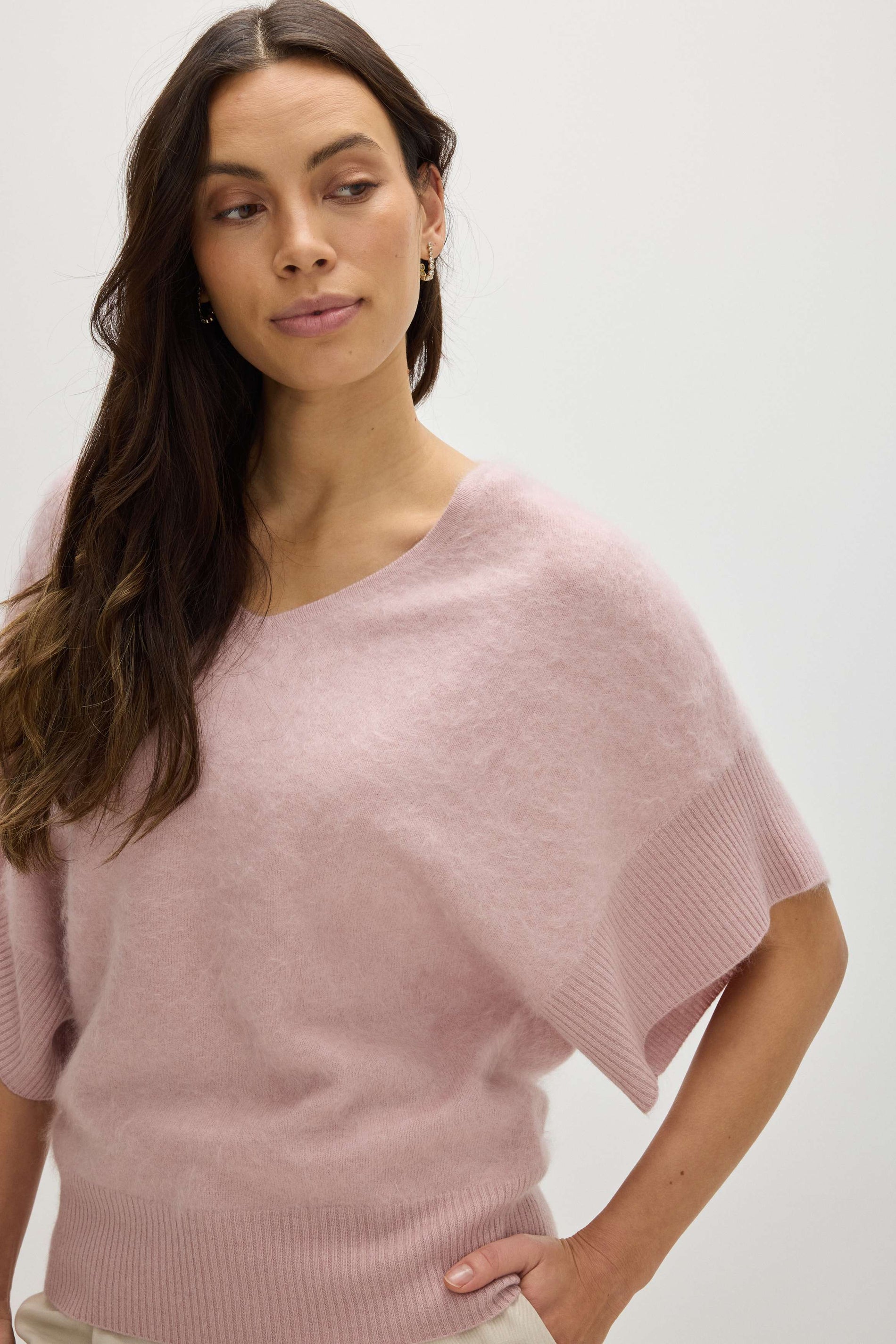 Davida Brushed V-neck Oversized short Sleeve Sweaters Light Pink
