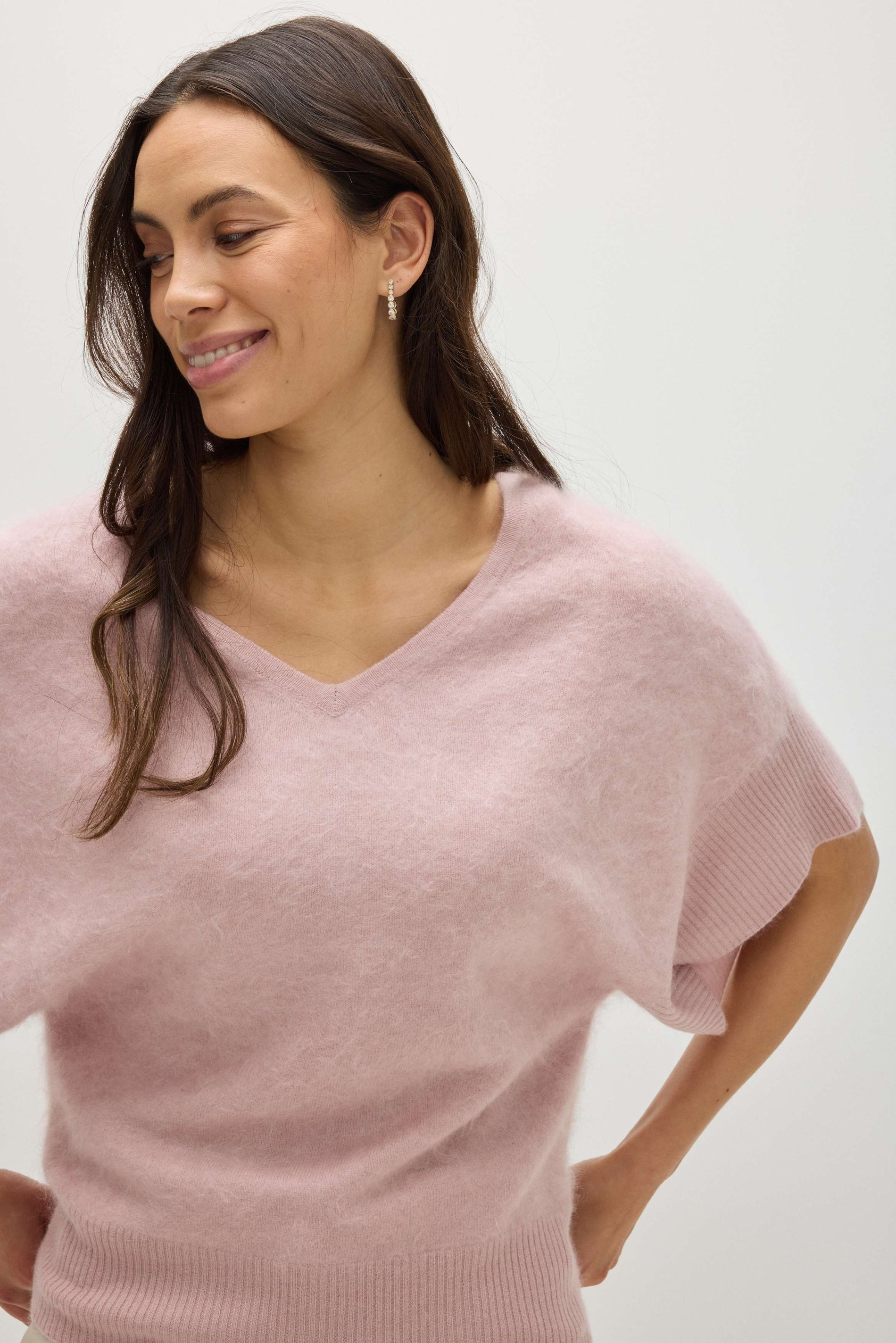 Davida Brushed V-neck Oversized short Sleeve Sweaters Light Pink