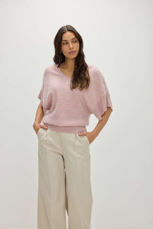 Brushed V-neck Oversized short Sleeve - Light Pink