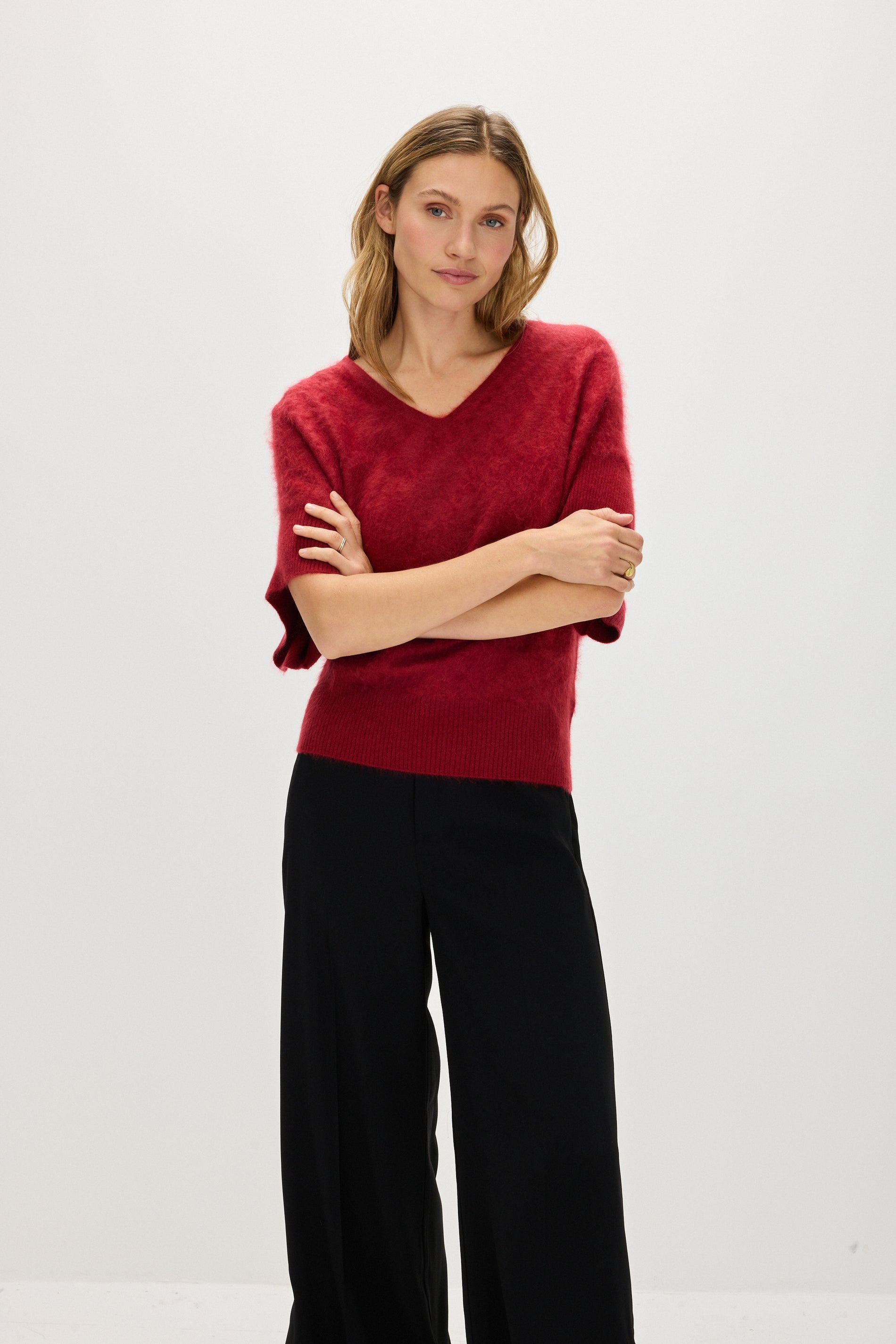 Davida Brushed V-neck Oversized short Sleeve Sweaters Mulberry Red