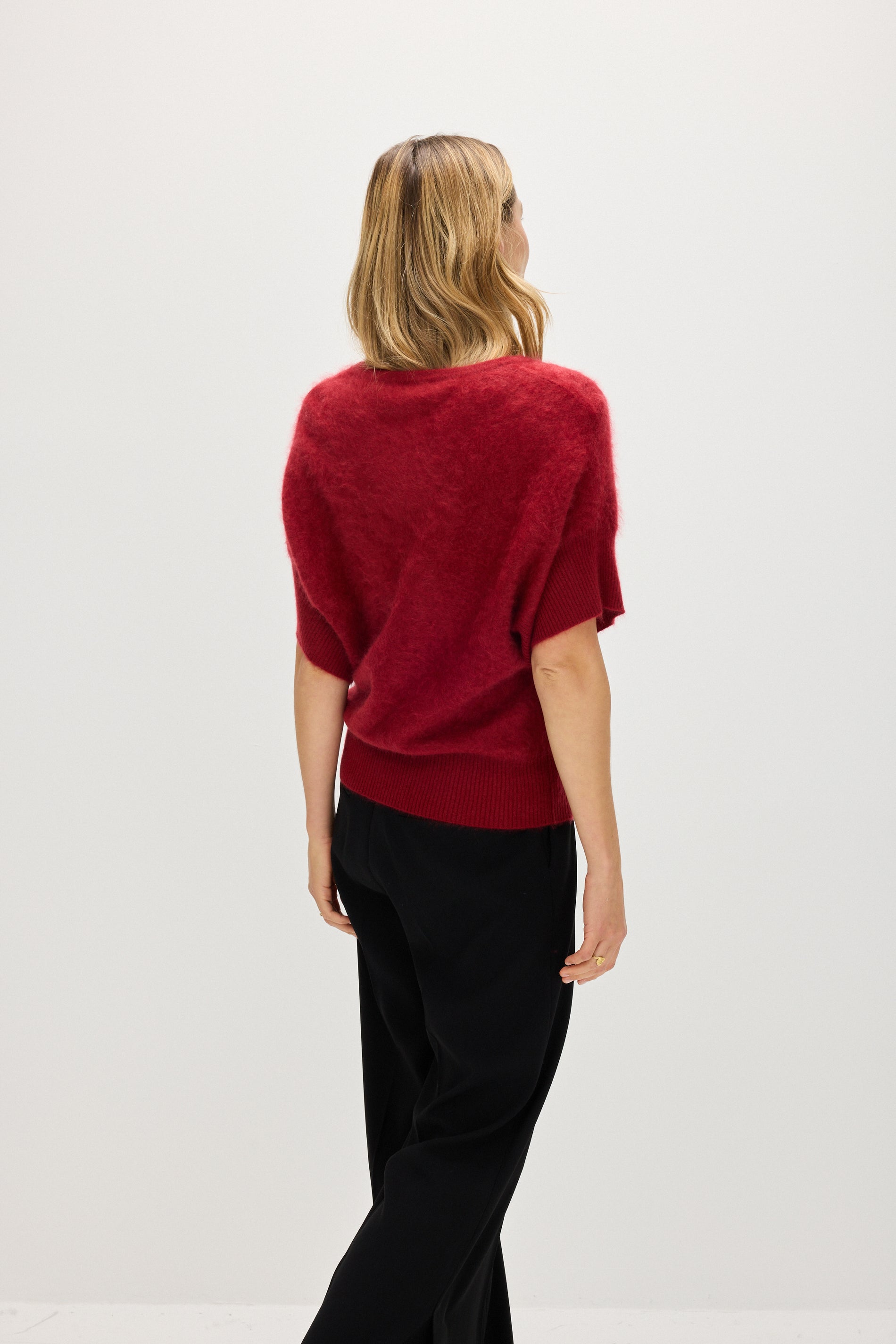 Davida Brushed V-neck Oversized short Sleeve Sweaters Mulberry Red