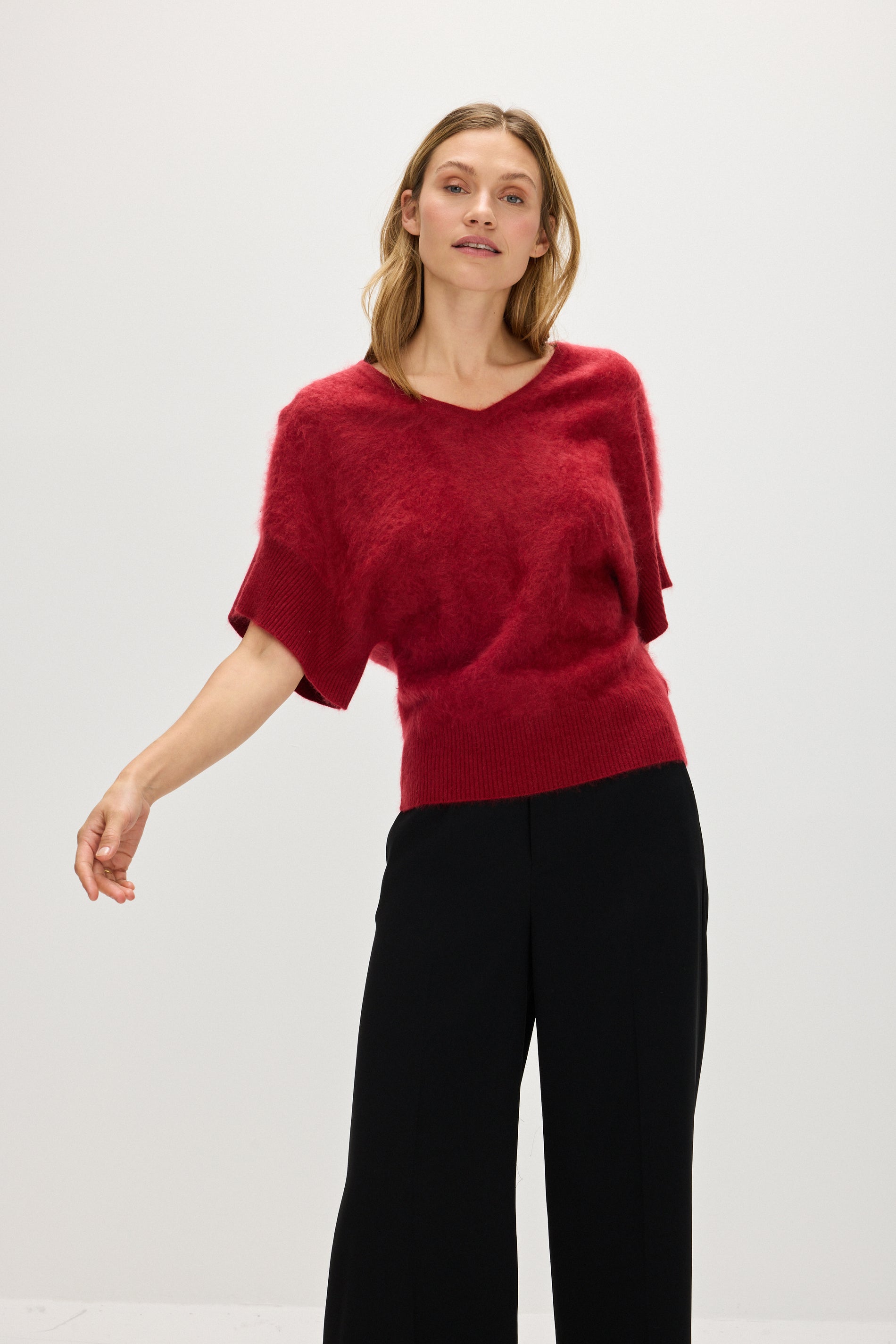 Davida Brushed V-neck Oversized short Sleeve Sweaters Mulberry Red