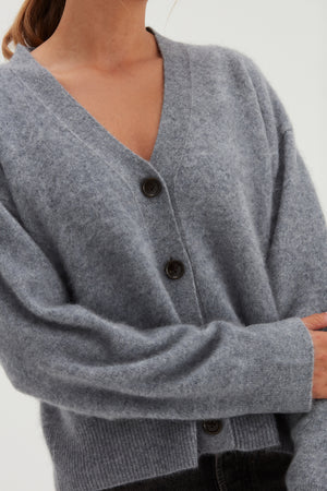 Brushed V-neck Wide Cardigan - Light Grey