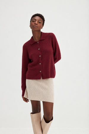 Buttoned Collar Cardigan - Mulberry Red