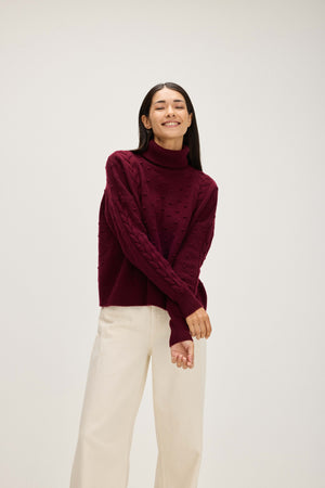 Cable Dot Polo Sweater - Mulberry Red