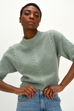 Cable Short Sleeve Sweater - Sage