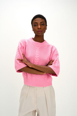 Cable Short Sleeve Sweater - Strong Pink