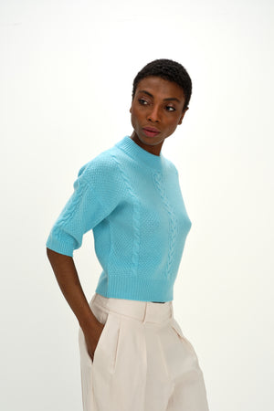 Cable Short Sleeve Sweater - Turquoise