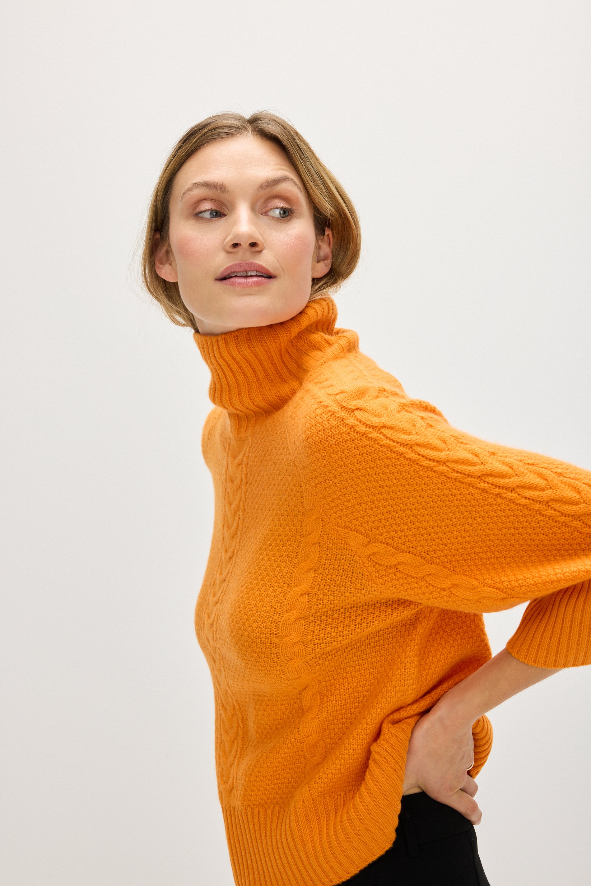 Davida Cable Wide Sleeve Turtleneck Sweaters Intense Orange