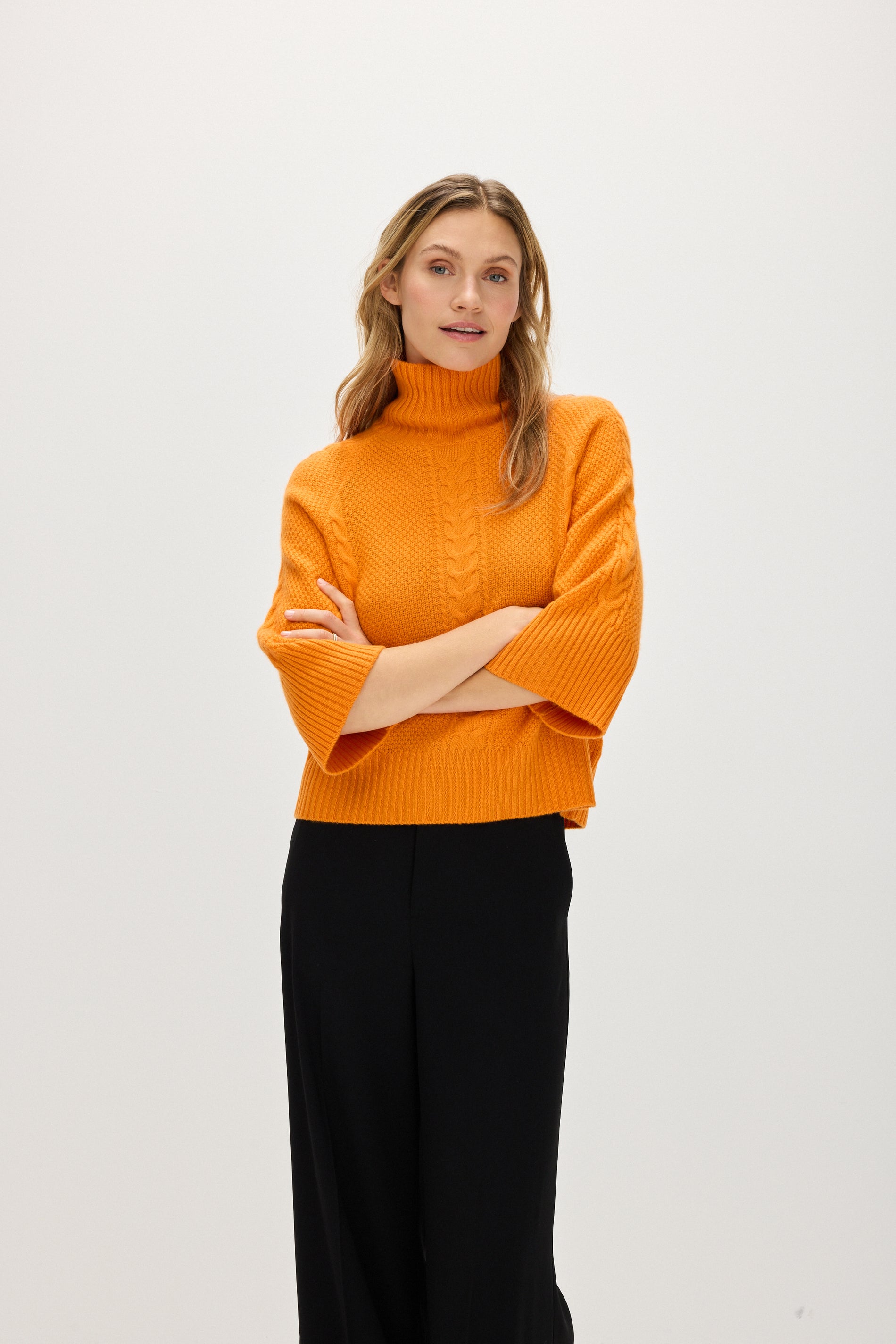 Davida Cable Wide Sleeve Turtleneck Sweaters Intense Orange
