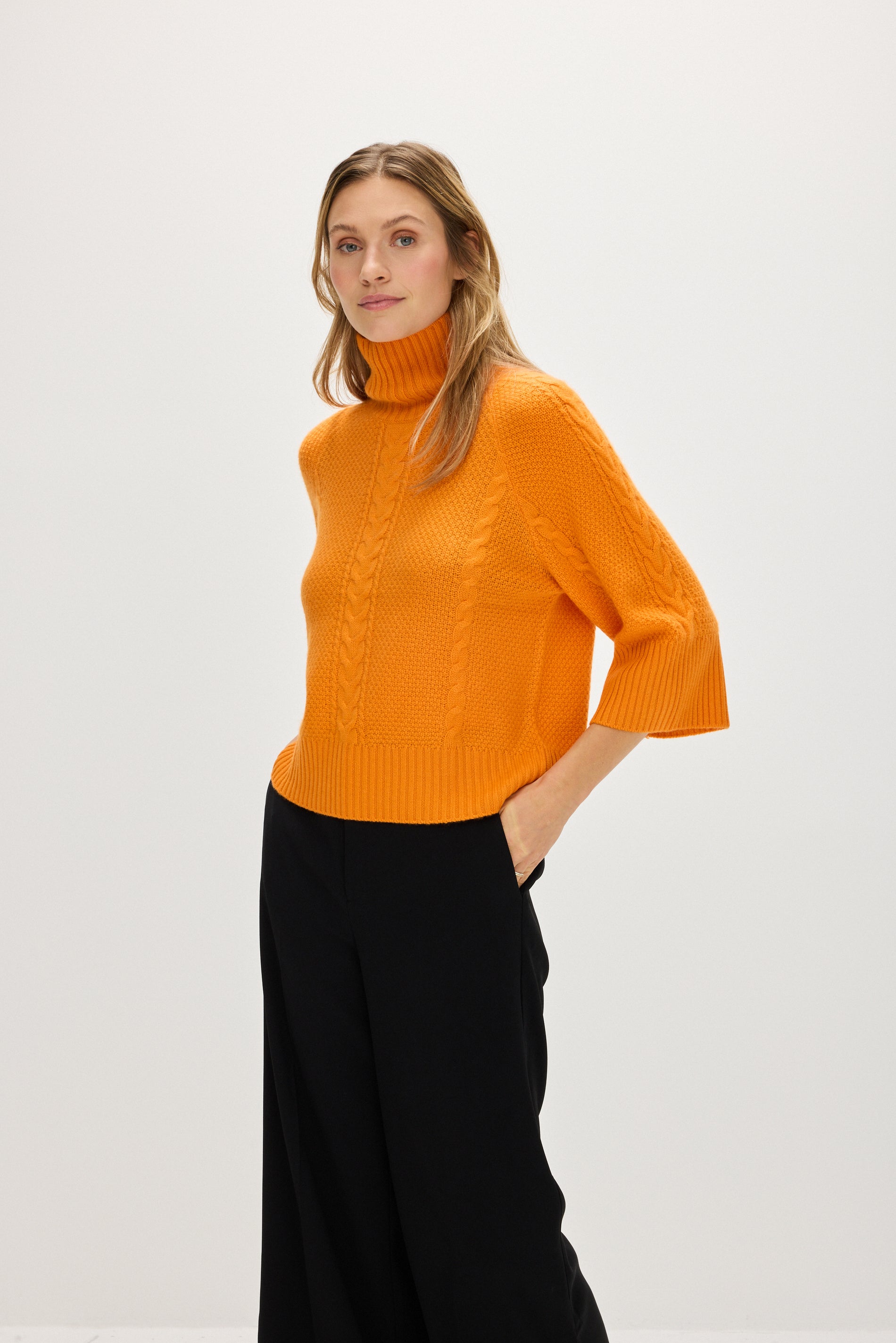Davida Cable Wide Sleeve Turtleneck Sweaters Intense Orange