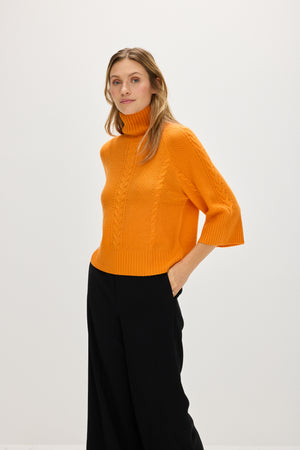 Cable Wide Sleeve Turtleneck - Intense Orange