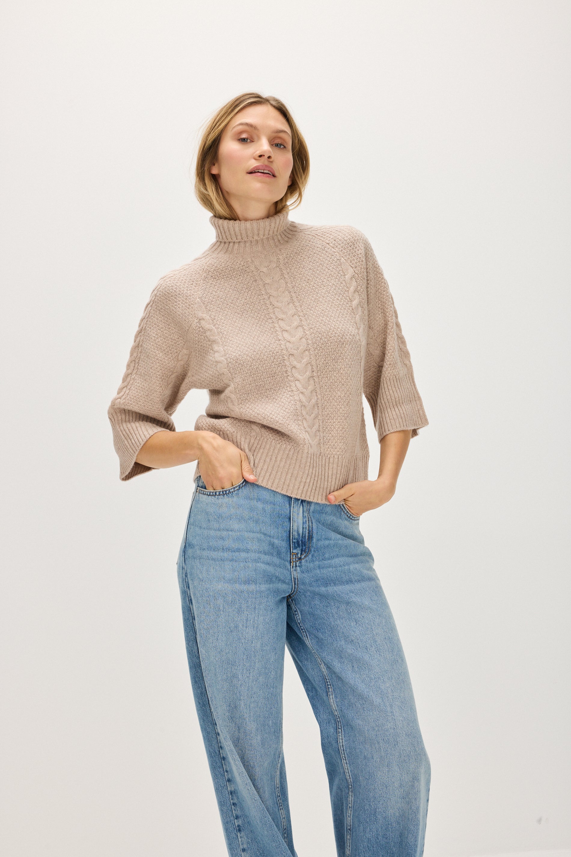 Davida Cable Wide Sleeve Turtleneck Sweaters Sand