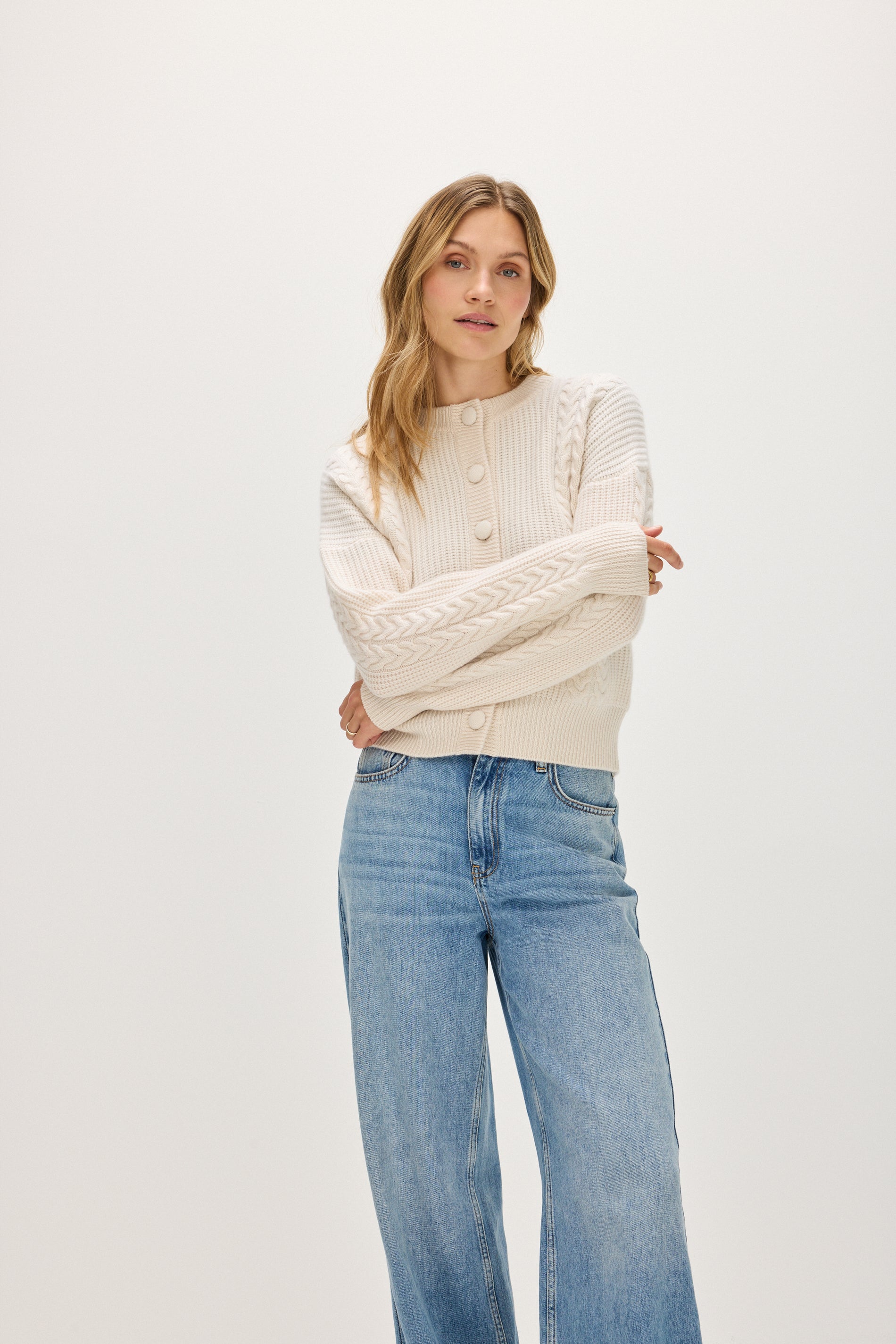 Davida Chunky Cable Detail Cardigan Cardigans White