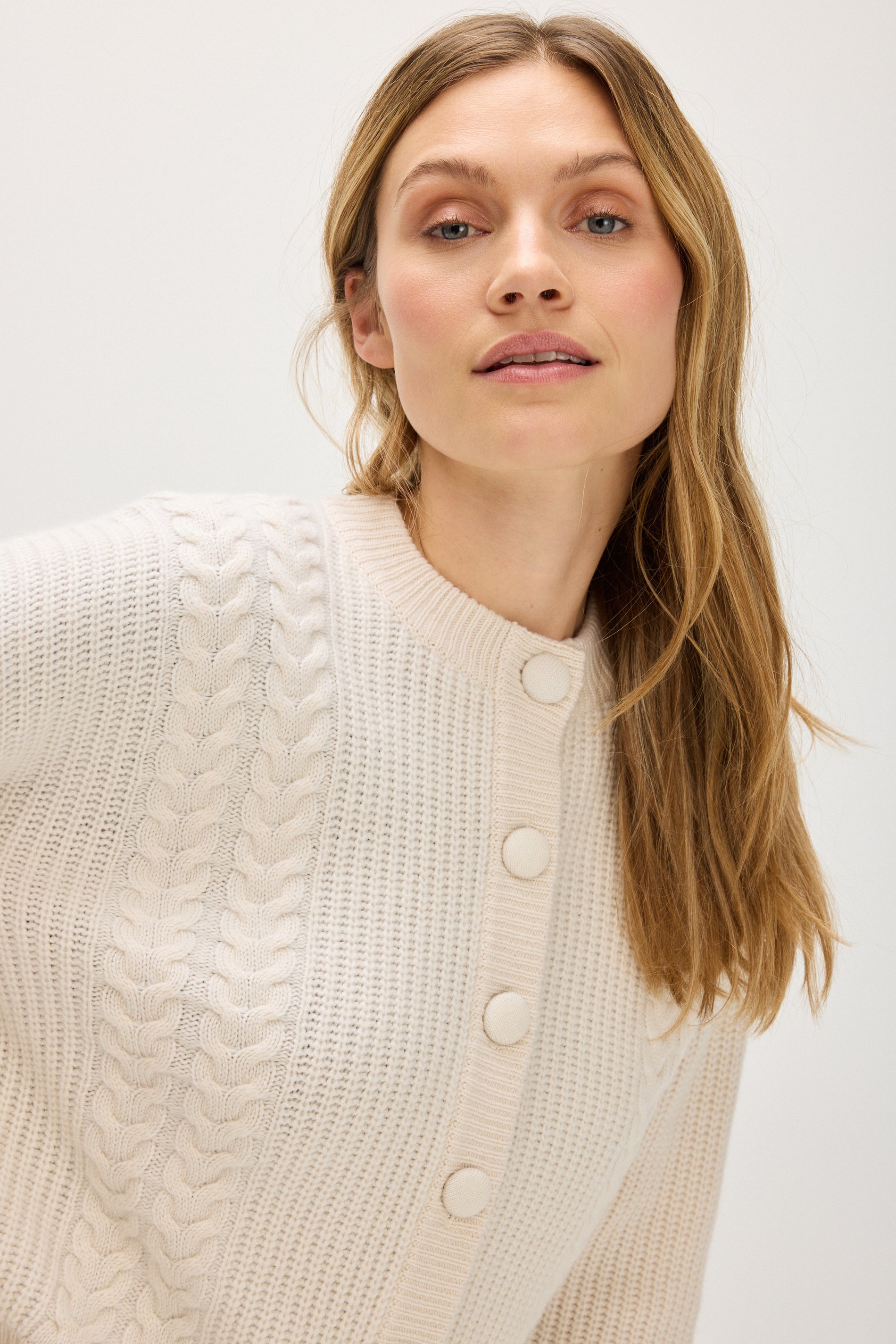 Davida Chunky Cable Detail Cardigan Cardigans White
