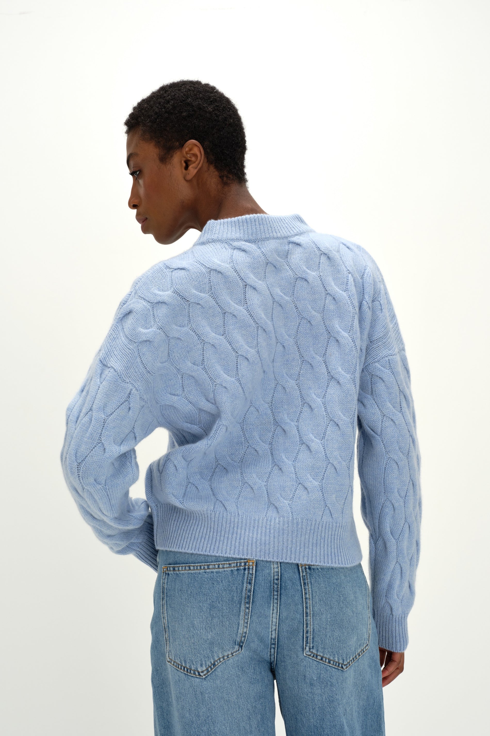 Davida Chunky O-neck Cable Sweaters Blue Fog