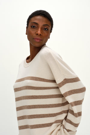 Chunky O-neck Striped Sweater - White/Mink