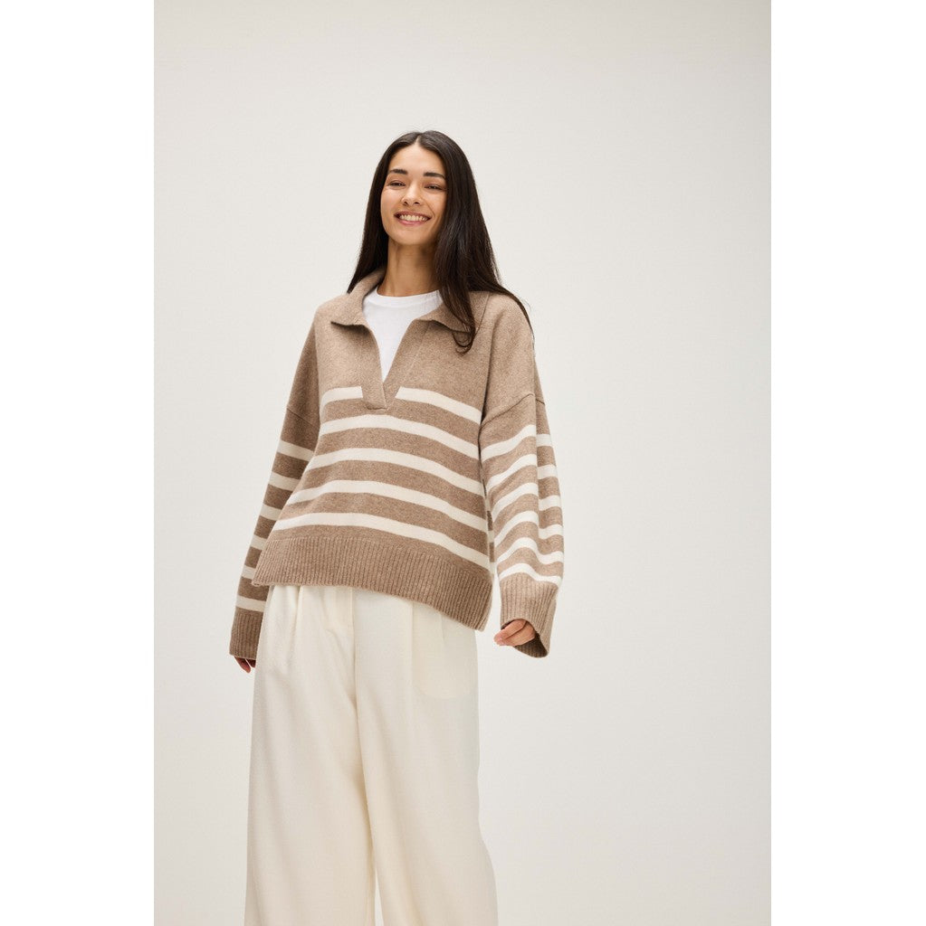 Davida Chunky Open Collar Striped Sweater Sweaters Mink/White