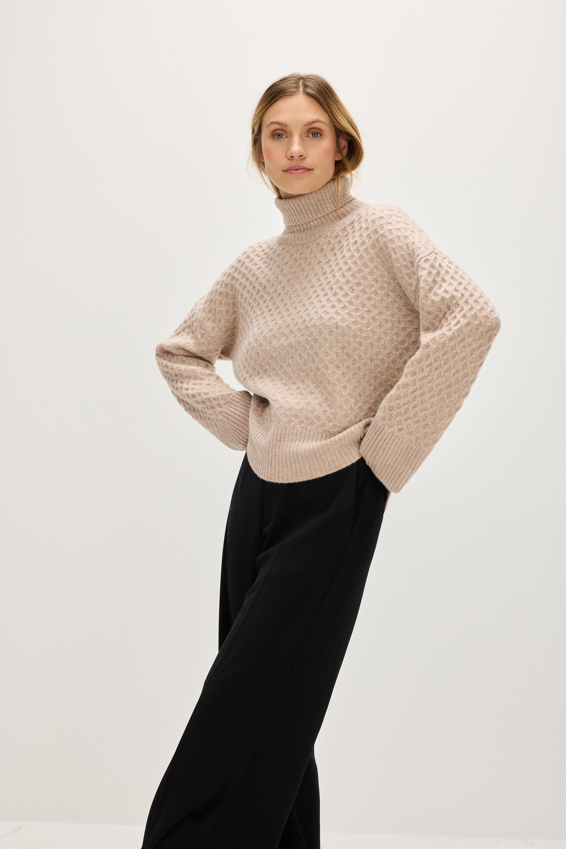 Davida Chunky Roll Neck Diamond Knit Sweaters Sand