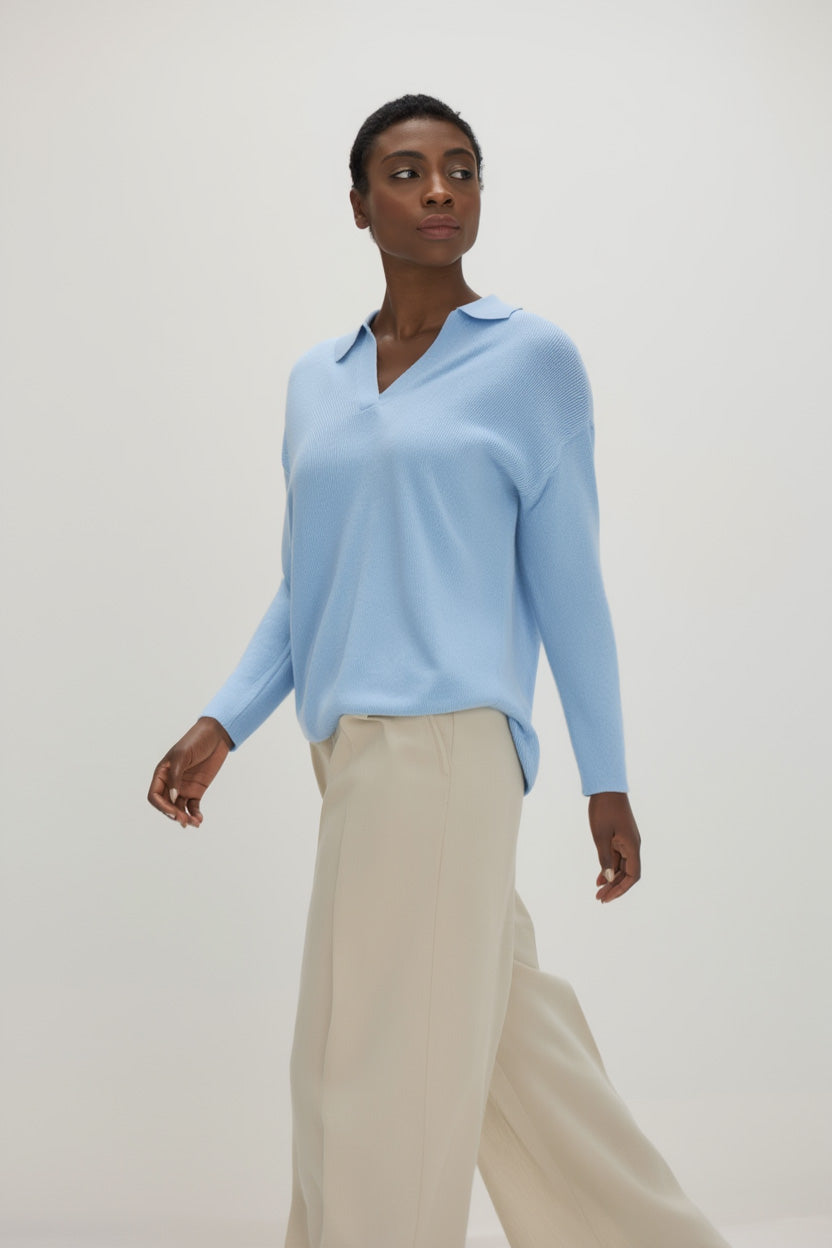 Davida Curved Open Collar Sweaters Blue Fog