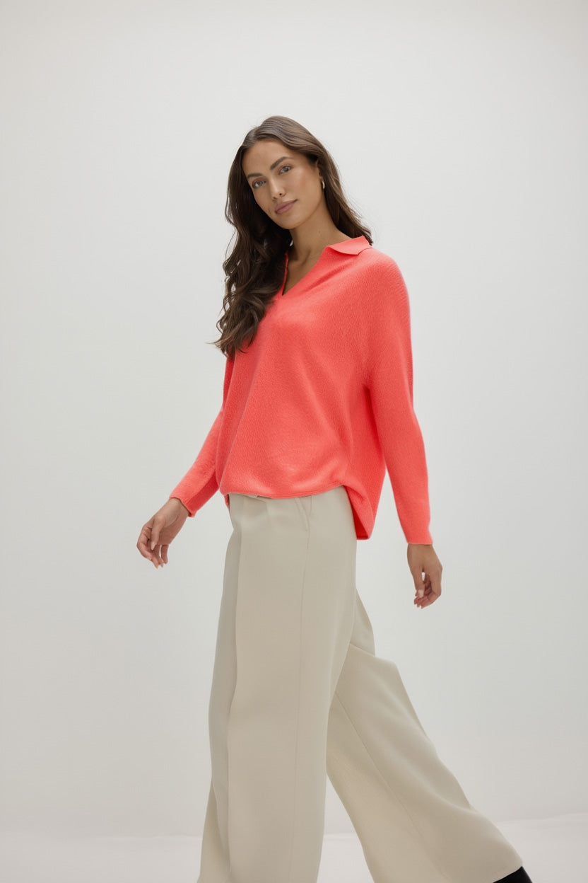 Davida Curved Open Collar Sweaters Intense Coral