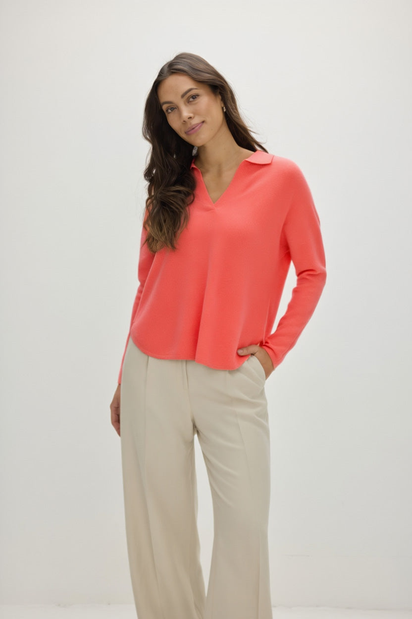 Davida Curved Open Collar Sweaters Intense Coral